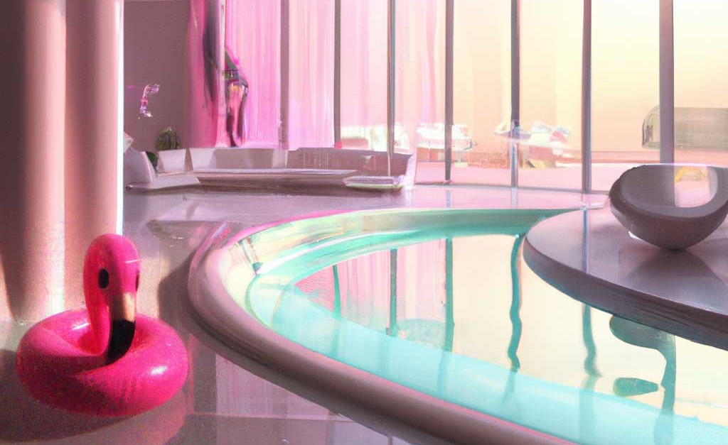 An illustration of an inflatable pink flamingo in a room with a pool